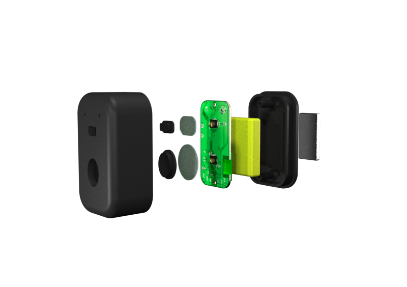 Exploded view of an enclosure showing the top shell, PCB, battery, seals, and bottom shell