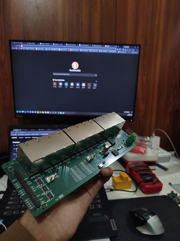 Ethernet switch PCB solder side with magnetics and header connectors