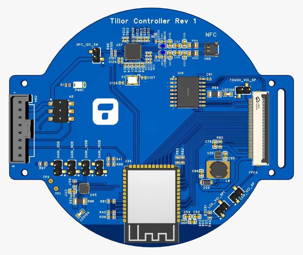 Round controller PCB with NFC, touch display connector and ESP32 module, 3D render